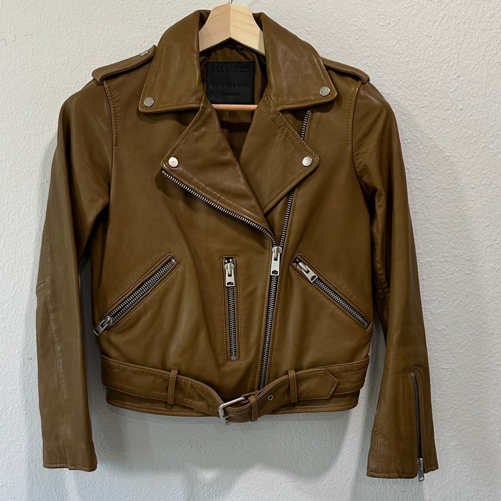 AllSaints Balfern Lime Green Leather Biker Jacket with Silver Detail